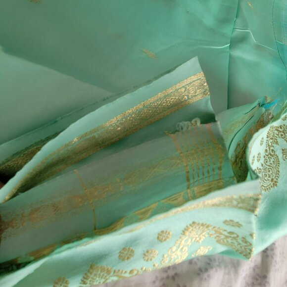 Seafoam Green Silk & Gold Banarasi Saree Sari 2 Pcs NEW 44W x 184L - Picture 14 of 16